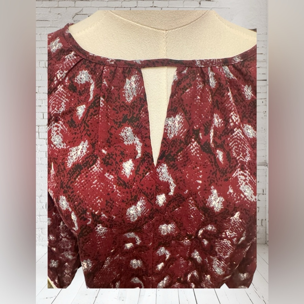 West Kei Snake Print Blouse NWOT | Small Burgundy Tie‑Front Sleek Statement Top - Picture 3 of 6